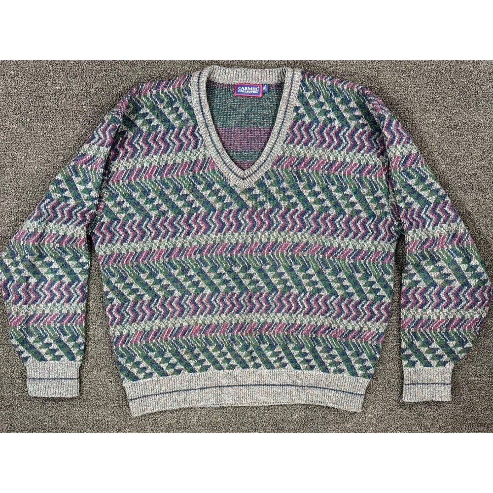 Vintage Carmel Collection Sweater XL‎ V Neck Knit 90s Coogi Style